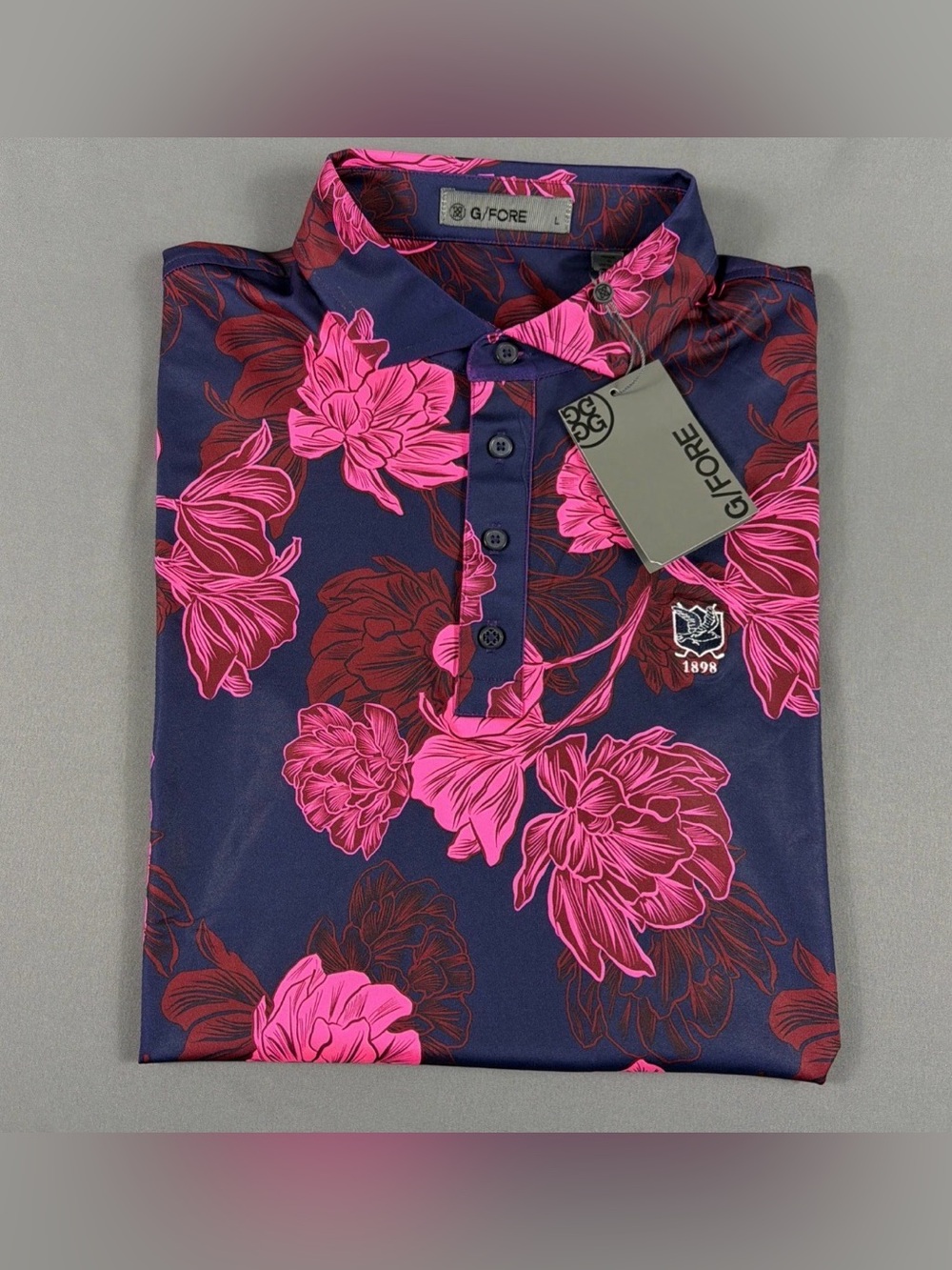 G/Fore G4 Golf Shirt Polo Chest Logo Floral Print Large Navy Pink NWT MSRP $120